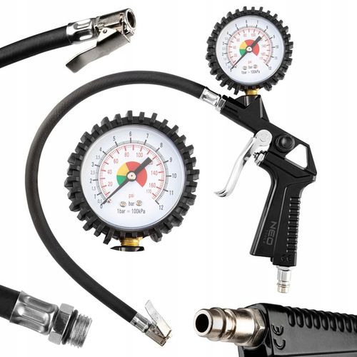 NEO PISTOLET DO POMPOWANIA KÓŁ Z MANOMETREM 0-12 BAR ZACZEP + WĘŻYK 14-714 na Arena.pl