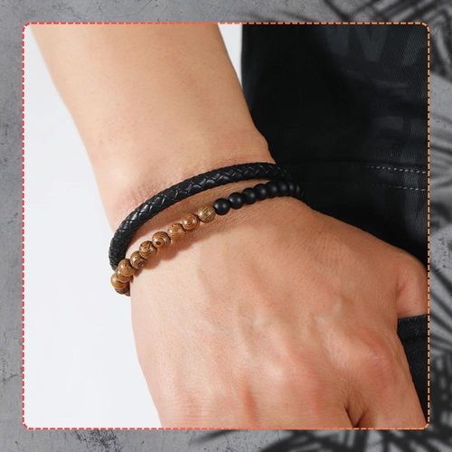 Bransoletka męska skóra naturalna kamienne koraliki na Arena.pl