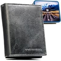 pionowy, czarny portfel męski ze skóry naturalnej wyposażony