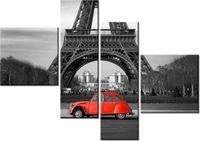 100 70CM OBRAZ 4 ELEM CZERWONY SAMOCHÓD PRZED WIEŻĄ EIFFLA DRUK PŁÓTNO RAMA