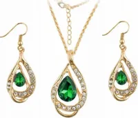 Złoty zestaw biżuterii złocone szmaragdowe cyrkonie eleganckie krople
