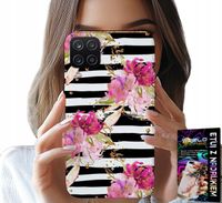 ETUI DO SAMSUNG GALAXY A22 5G - KWIATKI W CZARNO - BIAŁE PASKI WZORY