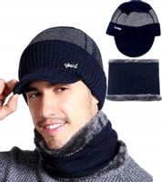 Komplet Męski Ciepły Zimowy Czapka Z Daszkiem Komin Na Zimę Ocieplany