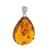 Zawieszka - koniakowy Bursztyn łza w srebrze