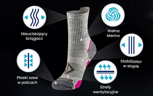 SKARPETY TREKKINGOWE Z WEŁNY MERYNOSÓW 90% MERINO WEŁNA TERMOAKTYWNE DŁ.3/4 na Arena.pl