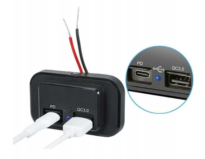 Ładowarka samochodowa do zabudowy 12V USB QC3.0; USB-C PD 3.0 zdjęcie 1