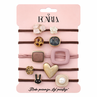 zestaw frotek gumek 5w1 na plakietce, brązowe z kamieniami, złote serce