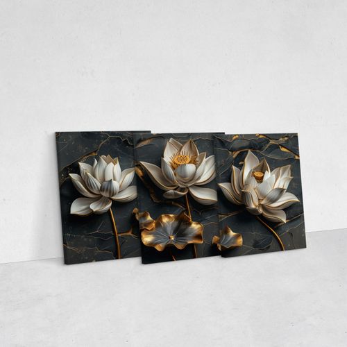 Obrazy Do Salonu Set Abstrakcyjne Białe Kwiaty Lotosu Glamour 90cm x 40cm na Arena.pl
