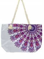 DeDa - materiałowa torba plażowa etniczne wzory fioletowo-biała D06-10