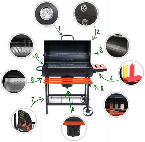 GRILL OGRODOWY WĘGLOWY Z POKRYWĄ DUŻY RUSZT 71x34,5cm POPIELNIK 3 PÓŁKI na Arena.pl