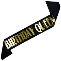 Czarna szarfa ze złotym nadrukiem Birthday Queen