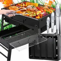 GRILL TURYSTYCZNY PRZENOŚNY WĘGLOWY SKŁADANY BBQ + SZCZYPCE KUCHENNE 3 szt