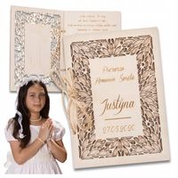 Drewniana KARTKA Prezent na KOMUNIE ŚWIĘTĄ Życzenia Pamiątka Komunii imię