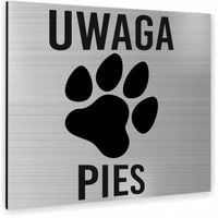 Tabliczka SREBRNA UWAGA PIES TEKST Tablica nierdzewna PIKTOGRAM ALUMINIUM