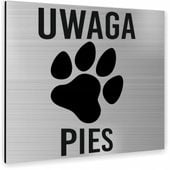 Tabliczka SREBRNA UWAGA PIES TEKST Tablica nierdzewna PIKTOGRAM ALUMINIUM