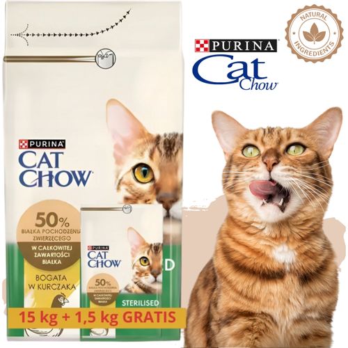 sucha karma dla kotów sterylizowanych cat chow kurczak 15 kg + 1.5kg gratis na Arena.pl