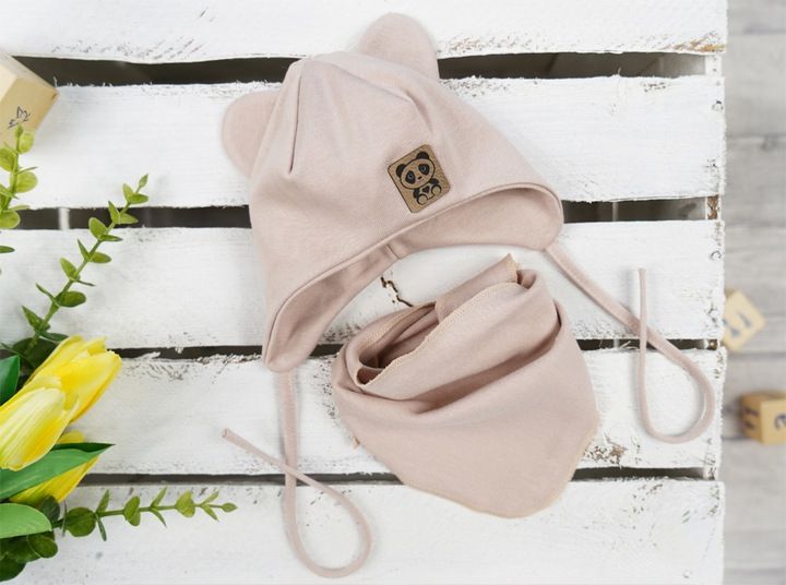 Beżowy komplet PANDA czapka + apaszka r. 48-50 zdjęcie 2