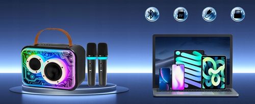 MASZYNA GŁOŚNIK KARAOKE Z 2 MIKROFONY BEZPRZEWODOWE BLUETOOTH LED KOLOROWA na Arena.pl