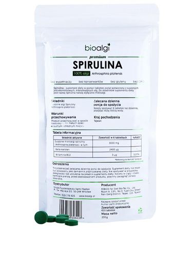 3 Spirulina Platensis Bioalgi 100% Naturalna 400 Tabletek - Suplement Diety na Arena.pl