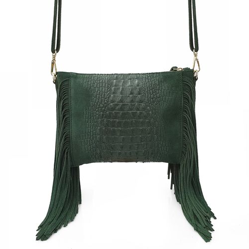 VERA PELLE torebka zamszowa listonoszka boho z frędzlami V001 c.zielona na Arena.pl