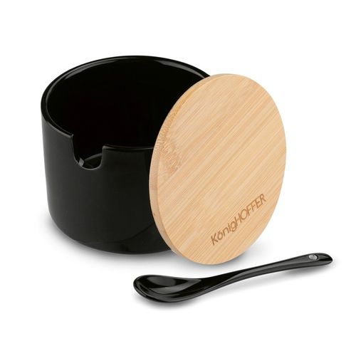 Czarna CUKIERNICA +ŁYŻECZKA pojemnik na CUKIER z bambusową POKRYWKĄ 350ml na Arena.pl
