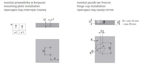Zawias meblowy wpuszczany, wewnętrzny 110° samodomyk GTV-HC SOFT-CLOSE, z prowadnikiem, eurowkręty na Arena.pl