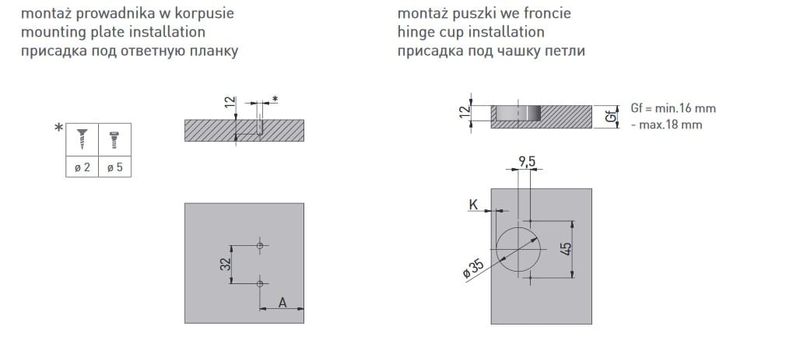 Zawias meblowy wpuszczany, wewnętrzny 110° samodomyk GTV-HC SOFT-CLOSE, z prowadnikiem, eurowkręty zdjęcie 13