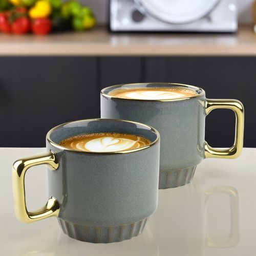 CERAMICZNY KUBEK NA KAWĘ HERBATĘ GRANATOWY ZDOBIONY ZE ZŁOTYM UCHEM 320ML na Arena.pl