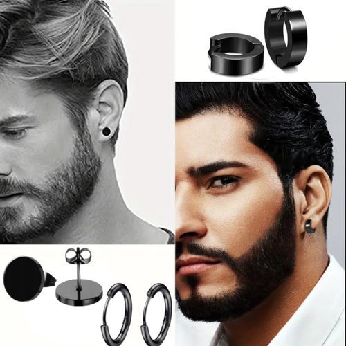 KOLCZYKI MĘSKIE CZARNE 3 PARY HUGGIE STAL CHIRURGICZNA na Arena.pl