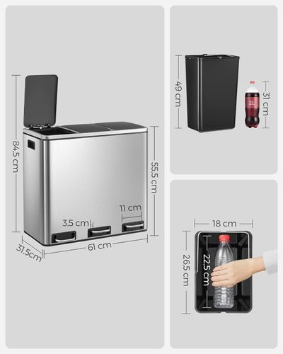 Kosz na śmieci segregacja srebrny 54L pedałowy potrójny wkłady odpady na Arena.pl