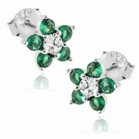 DELIKATNE RODOWANE SREBRNE KOLCZYKI WKRĘTKI KWIATKI SZMARAGDOWE CYRKONIE