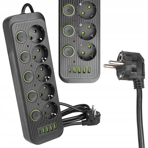 Przedłużacz listwa zasilająca 2m 5 GNIAZDA UZIEMIENIE 5x USB C włącznik na Arena.pl