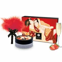shunga sensual body powder strawberry - zestaw do masażu z pędzelkiem