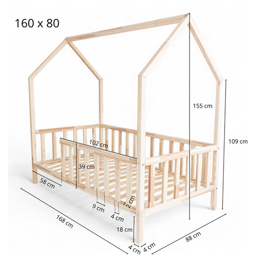 ŁÓŻKO DZIECIĘCE DOMEK AURORA 160x80 DREWNIANE BARIERKA + STELAŻ SOSNA na Arena.pl