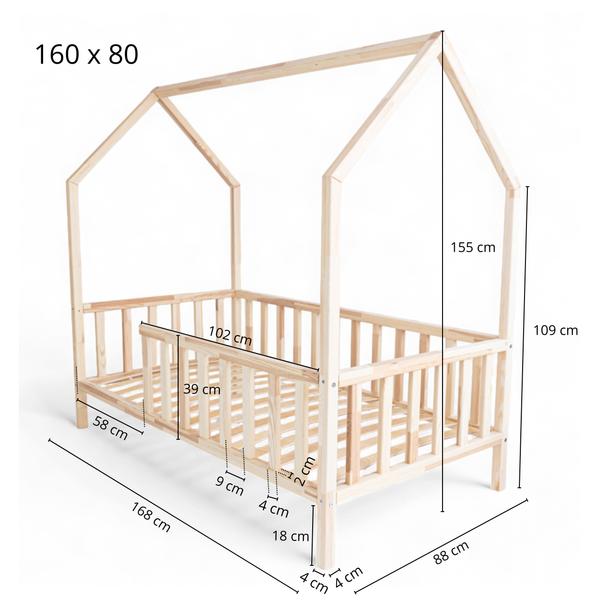 ŁÓŻKO DZIECIĘCE DOMEK AURORA 160x80 DREWNIANE BARIERKA + STELAŻ SOSNA