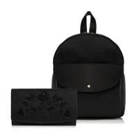 zestaw damski w czerni: plecak i portfel z skóry