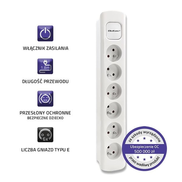 Qoltec Listwa zasilająca | 6 gniazd | 1.8m | Biała zdjęcie 4