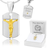 Srebrny medalik krzyżyk (925) grawer na Komunię Pamiątka komunii Chłopca