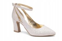 Ślubne Czółenka brokatowe z paskiem wokół kostki stabilne srebrny Mila 37