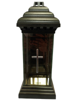 Znicz szklany z kapliczką i dużym srebrnym krzyżem, 34 cm