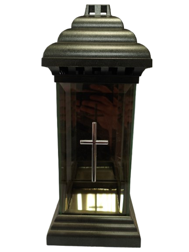 Znicz szklany z kapliczką i dużym srebrnym krzyżem, 34 cm na Arena.pl