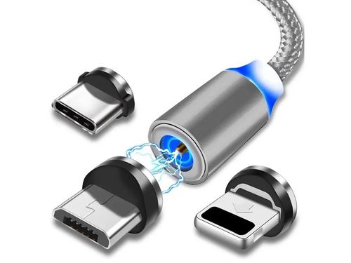 MAGNETYCZNY SREBRNY KABEL 3W1 ŁADOWAIE MICRO TYP- C USB LIGHTNING 1M na Arena.pl