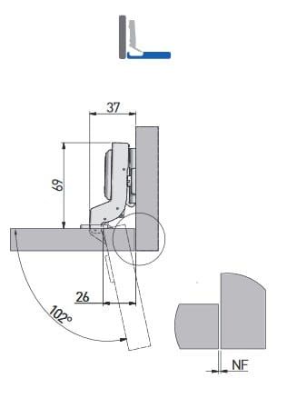 Zawias meblowy wpuszczany, wewnętrzny 110° samodomyk GTV-HC SOFT-CLOSE, z prowadnikiem, eurowkręty na Arena.pl
