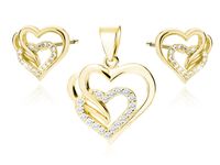 POZŁACANY SREBRNY KOMPLET POTRÓJNE SERCA SERDUSZKA BIAŁE CYRKONIE SREBRO