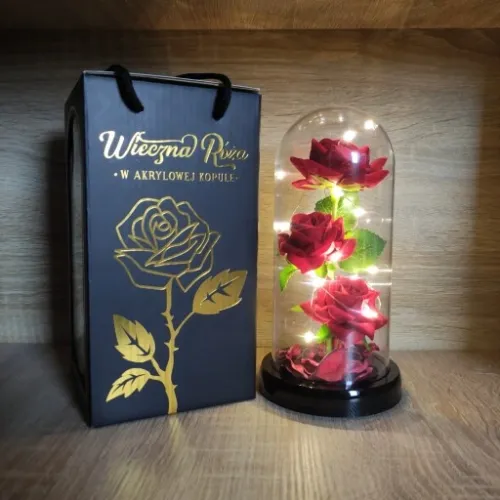 WIECZNA RÓŻA W SZKLE PREZENT NA DZIEŃ BABCI PUDEŁKO ŚWIECĄCA LED +KABEL USB na Arena.pl