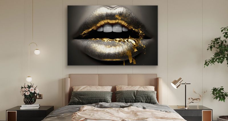 Obraz Ścienny Złoto-Srebrne USTA Efekt 3D Dekoracja Płótno Canvas 90cm x 60cm zdjęcie 2