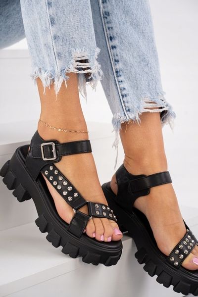 Sandały damskie na grubym spodzie z ćwiekami Czarne 39 zdjęcie 5