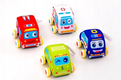 PLUSZOWE MIĘKKIE AUTKA SAMOCHODZIKI Z NAPĘDEM ZESTAW 4 SZTUK na Arena.pl