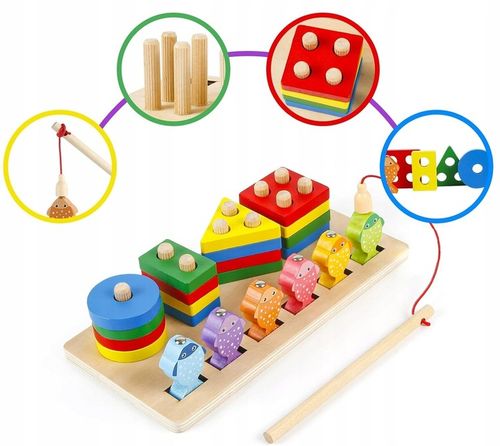 V4 ŁOWIENIE RYBEK SORTER DREWNIANY UKŁADANKA FIGURY 4 WIEŻE WĘDKA RYBKI 2w1 na Arena.pl