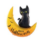 Balon foliowy Kot na księżycu Happy Halloween, 76x88 cm